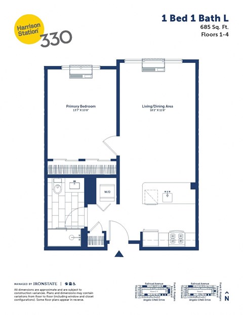 Floor plan for 1 bed, 1 bath, 685 sqft